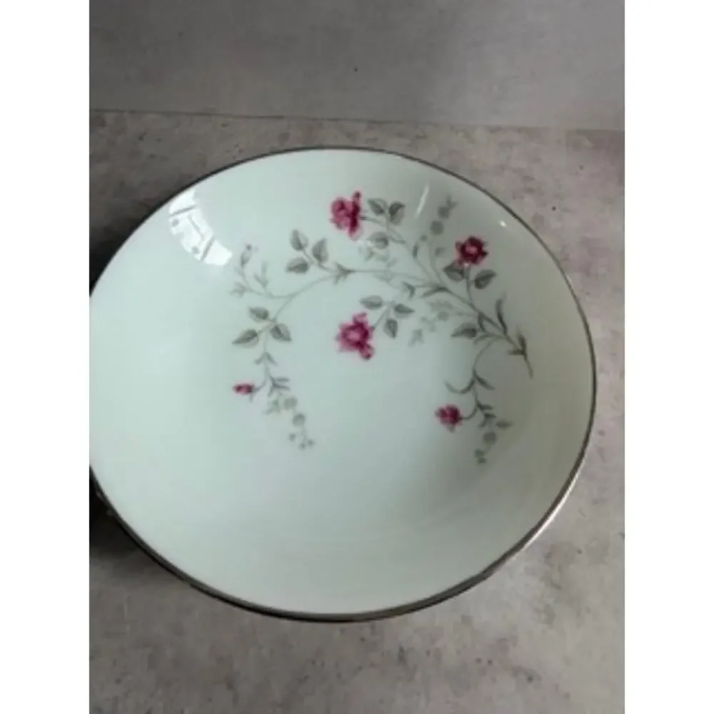 Vintage Canonsburg Floral Rose Bowl Silver Trim Pink Gray Flowers USA